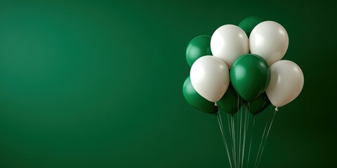 Green and white balloons grouped together on a solid green background for a festive celebration