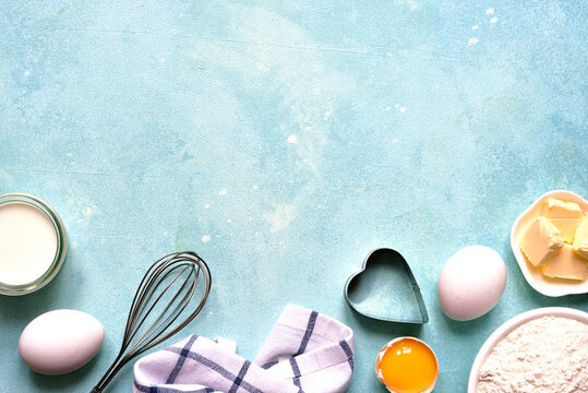 Culinary background with ingredients for baking . Top view with copy space.