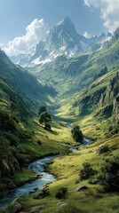 Majestic mountain landscape with a flowing river in a green valley under a bright sky