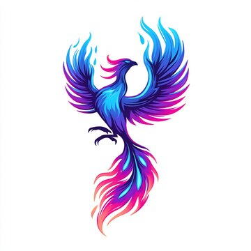 neon graffiti phoenix with flames on white background