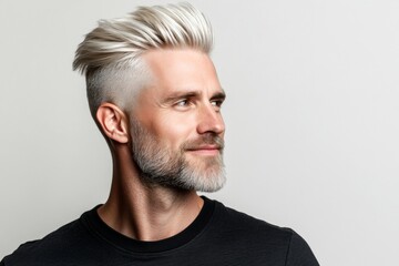 Obraz premium A warm and friendly man radiating happiness. Trendy men's short caesar haircut - midlife white man with blond hair. Pure white solid background. Idea art of style for aging men.