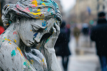 Painted Statue of Sorrow in the City