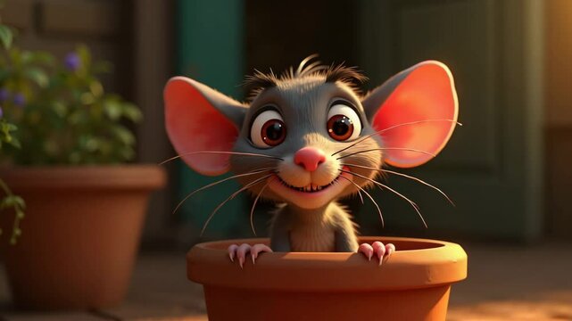 Adorable cartoon rat with a happy mood peeking out of a flowerpot against a blurred background
