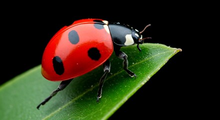 Ladybug with black spots on a green leaf against a dark background