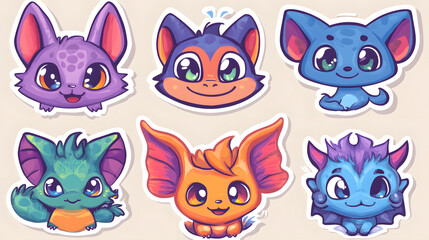 cute animal mascot sticker pack, transparent background, bold outlines, vibrant colors, trendy cartoon style, high resolution