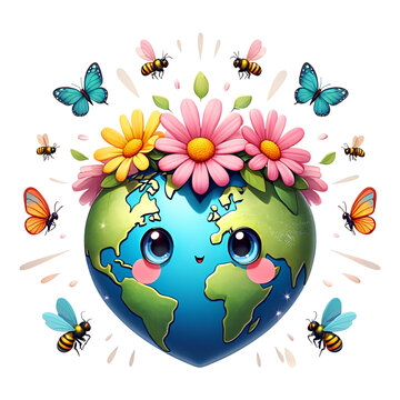 Smiling Earth with Flowers &ndash; Happy Earth surrounded by butterflies and flowers promotes environmental joy.
