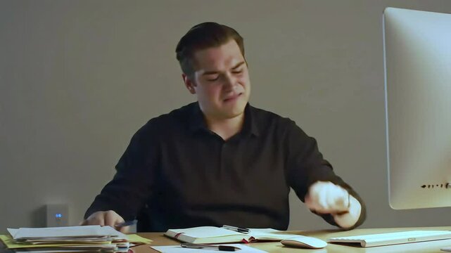 Frustrated man with headache, stress, burnout, anxiety, and overwork in office. Tired male facing migraine, pain, mental health struggles, depression, and fatigue at workplace, showing workplace menta
