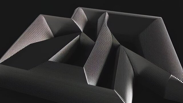 Dark sculptural form with folded surfaces and sharp edges, illuminated subtly to highlight texture and depth. Concept of modern architecture and digital design