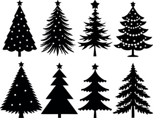 Fir trees silhouettes set. Coniferous spruce horizontal background patterns, black evergreen woods vector illustration. 
