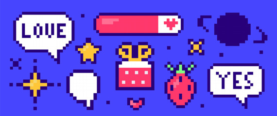 Fototapeta premium Set of colorful pixel art game and love icons: speech bubbles with text, gift box, heart, star, strawberry, progress bar. Retro 8 bit style.