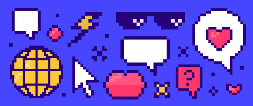 Set of colorful pixel art social media and internet icons: speech bubbles, heart, cursor, globe, glasses, lips, lightning, question mark. Retro 8 bit style.