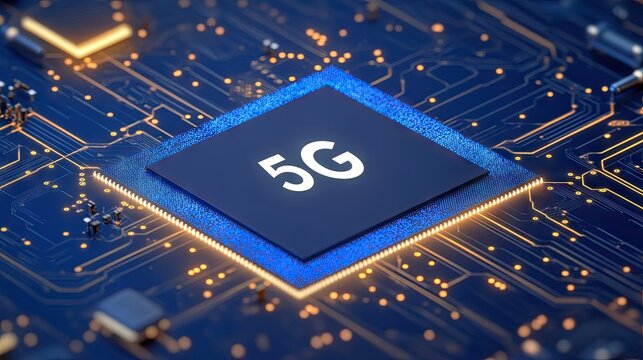 Detailed close-up view of a 5G chip on a circuit board.