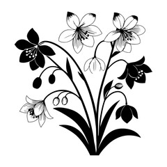 Black and white floral design element with ornate flower and leaf vector illustration
