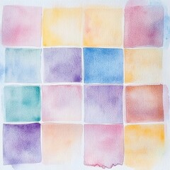 Soft pastel watercolor squares with gentle overlaps create a harmonious layout perfect for customizable text in a creative design