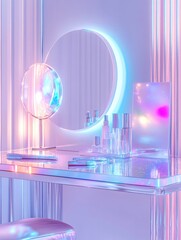 Sleek futuristic vanity table with holographic accents and soft glow designed for modern spaces and beauty routines