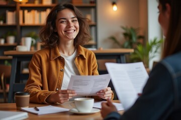 Young woman smiling while discussing documents in a cafe