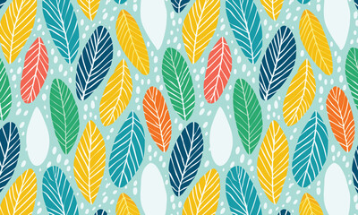 Modern Folk Art Style Leaf Illustrations Colorful - Seamless Repeat Pattern