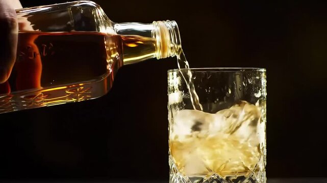 Gorgeous liquor hero shot in 4K with dark background, slow motion capturing rich colors and reflections, perfect for premium beverage advertising, elegant product showcase, and cinematic visual effect