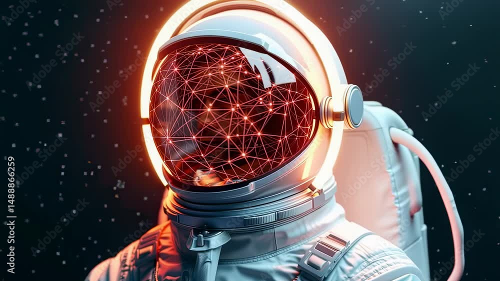 Poster futuristic astronaut in spacesuit with glowing network in helmet