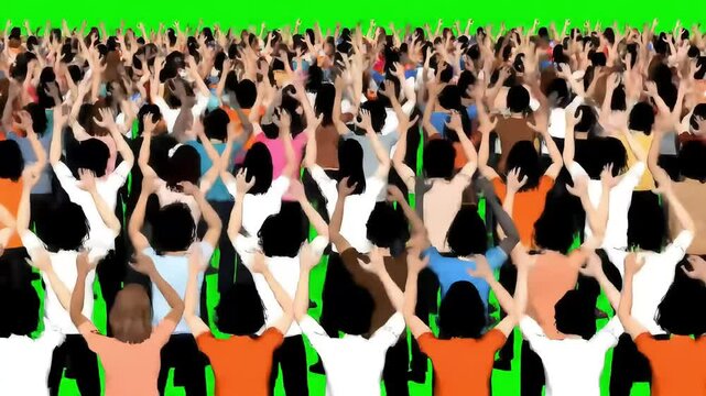 Green screen chroma key model of huge crowd jumping and cheering at concert or show, back view, using crowd replication technique, 4K resolution for dynamic event visuals and immersive audience scenes