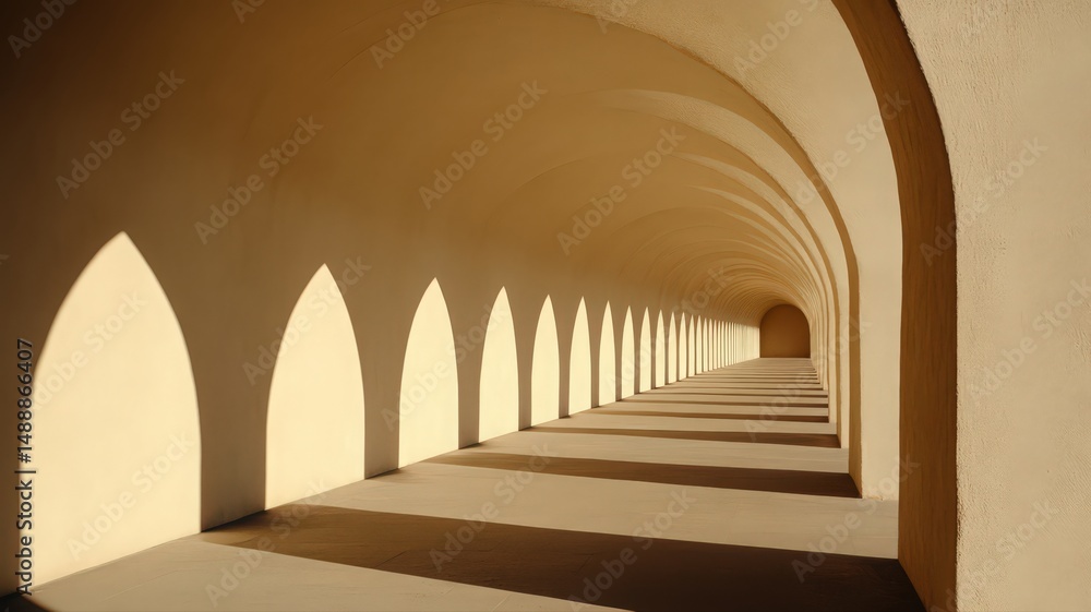 Poster long endless corridor with repeating arches and symmetrical design