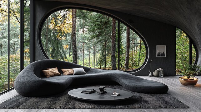 Abstract architectural concept featuring dynamic sweeping form layered texture monochromatic palette evokes sense of timeless sophistication Shades of charcoal matte black subtle white accent define