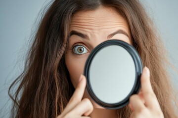 Woman holding a round mirror in front of her face with a surprised expression and brown wavy hair