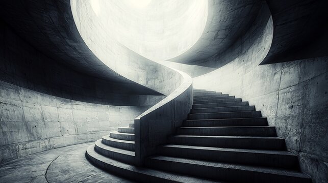 Abstract architectural concept featuring dynamic sweeping form layered texture monochromatic palette evokes sense of timeless sophistication Shades of charcoal matte black subtle white accent define