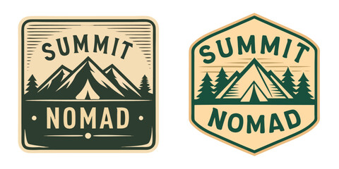 Square-shaped mountain badge logo titled 'Summit Nomad' and Hexagon-style mountain crest logo reading 'Summit Nomad', perfect for outdoor lifestyle, adventure campaigns, or trekking apparel designs.