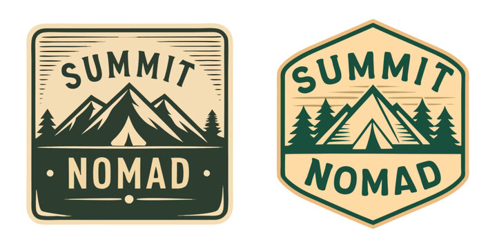 Square-shaped mountain badge logo titled 'Summit Nomad' and Hexagon-style mountain crest logo reading 'Summit Nomad', perfect for outdoor lifestyle, adventure campaigns, or trekking apparel designs.