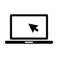 Laptop with pointer or cursor on screen icon. Simple solid style for web template and app.