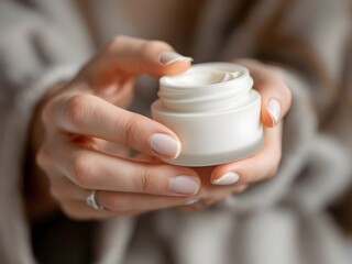 Woman's hand holding a cream close up photo