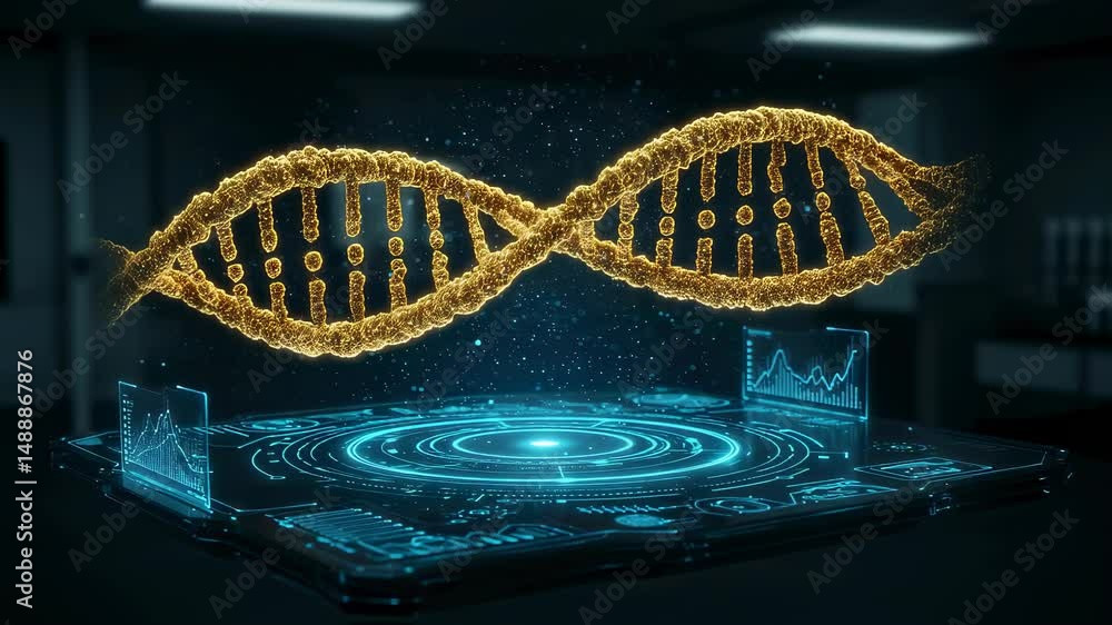 Poster digital golden dna helix hovering over a futuristic glowing data panel displaying genetic research i