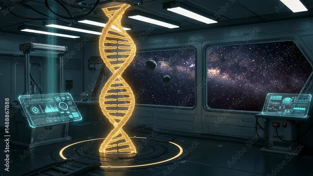 Poster golden dna double helix model rotates in futuristic laboratory or research space looking outside win