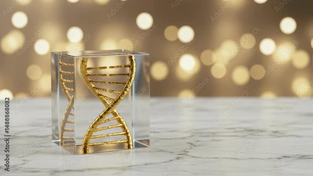 Poster golden dna helix structure inside a clear cube block. concept of advanced science, genetics, technol