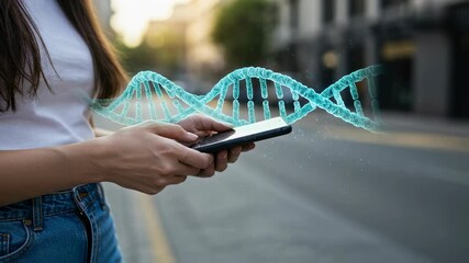 Young woman using smartphone displaying a glowing digital dna strand. Modern technology connects to genetics research, healthcare, and future innovation footage. - Powered by Adobe