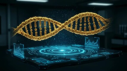 Golden DNA helix hovering over a glowing futuristic interface digital display with data charts, representing genetic science, research, biology, and technological innovation concept footage. - Powered by Adobe