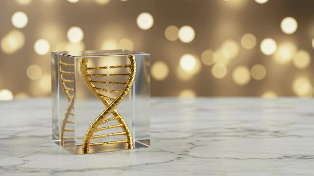 Golden dna helix structure inside a clear cube block. Concept of advanced science, genetics, technology, and digital biological data code research visualization backdrop footage. - Powered by Adobe