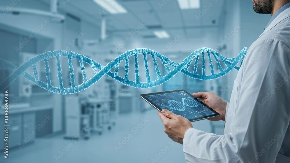 Poster man holding a tablet reviewing digital genetic data, interacting with a virtual dna double helix mod