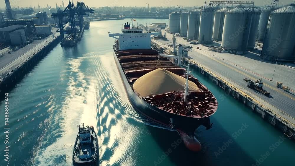 Poster industrial port scene showing wheat grain loading process on bulk carrier ship, dock workers operati