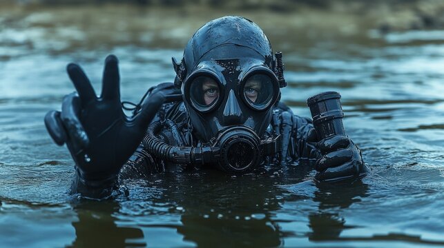 Navy seal frogman emerging from the water with a dive light