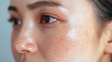 Close-up view of a person's freckled face with a luminous complexion.