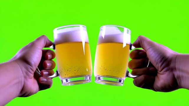 Cheers with Cold Beer Mugs on Green Screen