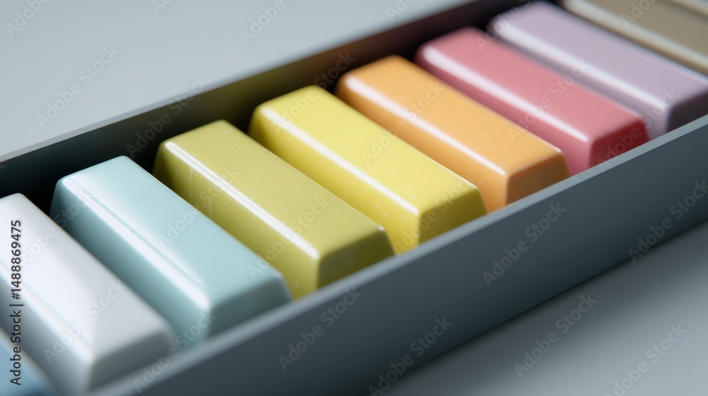 Aufkleber a colorful array of pastel chalks neatly arranged in a box for creative projects.