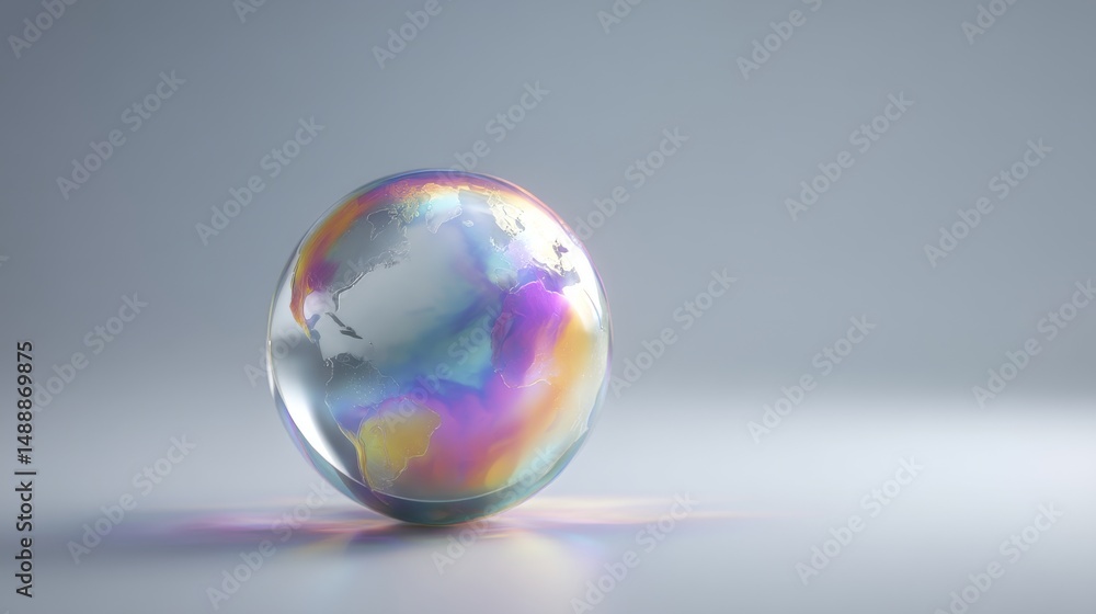 Poster a colorful globe reflecting vibrant patterns in a serene background.