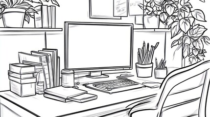 Home office desk workspace with plants