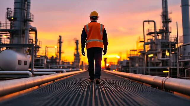 Rear view of worker mid-step on grated catwalk, surrounded by insulated pipes and vibrating processing units, dusk light casting orange glow over steel structures