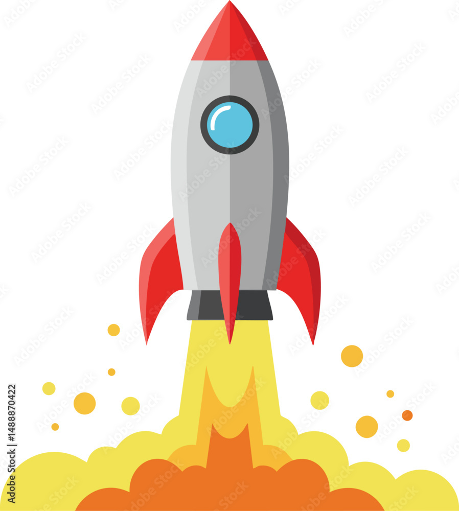 Poster rocket launching with red fins and flames in simple vector illustration style for space exploration 