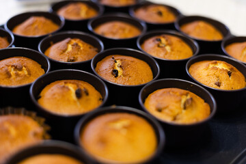 Cupcakes just form oven in cookie cutters. Selective focus.