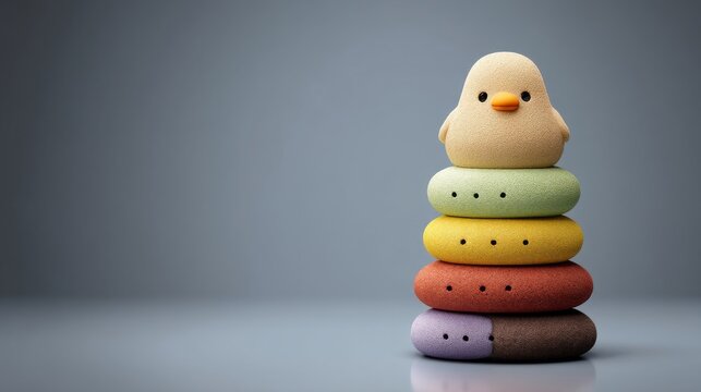 A colorful stacking toy with a bird on top, promoting playful learning for children.
